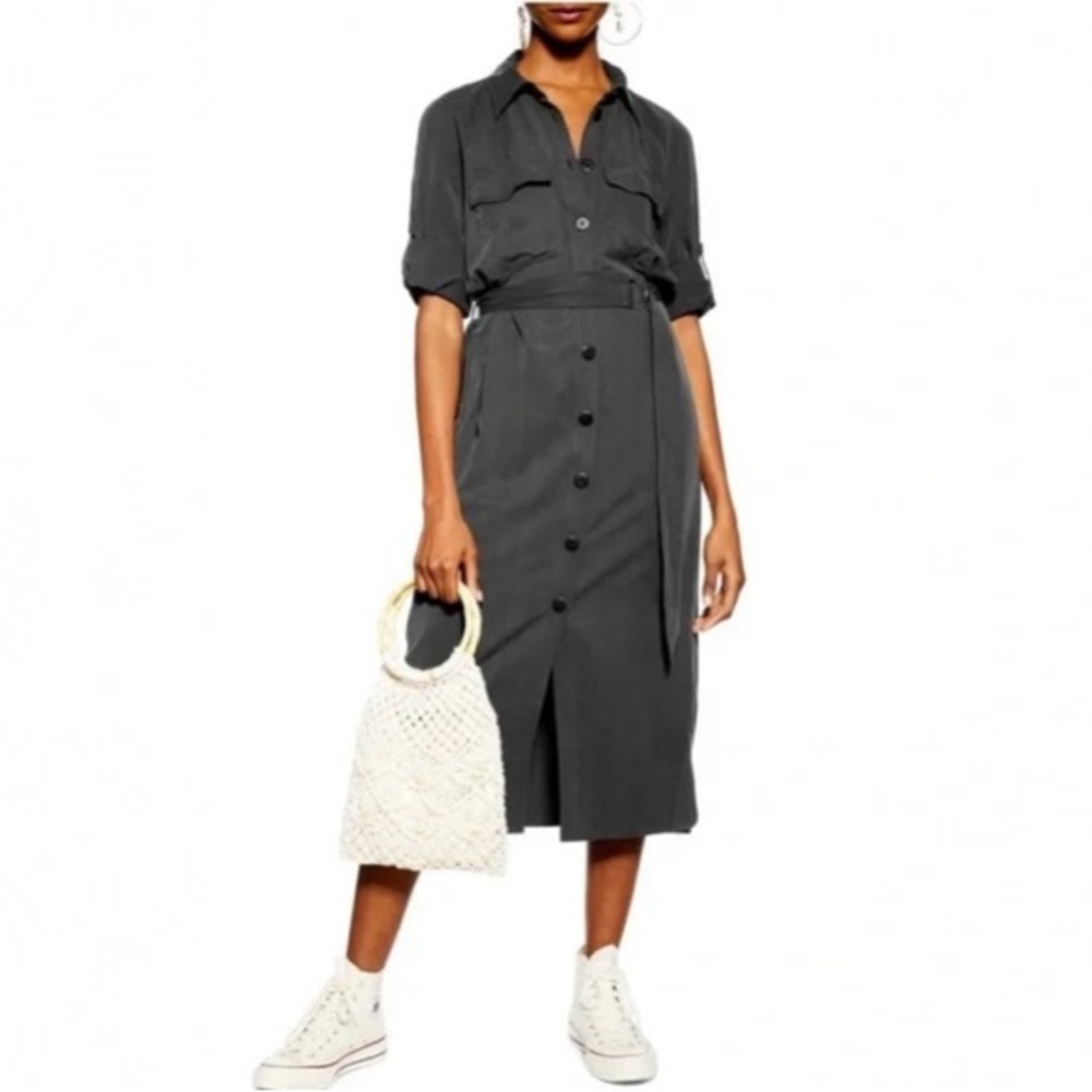 Topshop Maxi Buttoned Shirt Dress in Dark Gray Size 4
